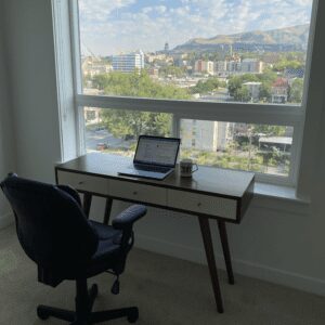 merideth's indoor office with a view of salt lake city